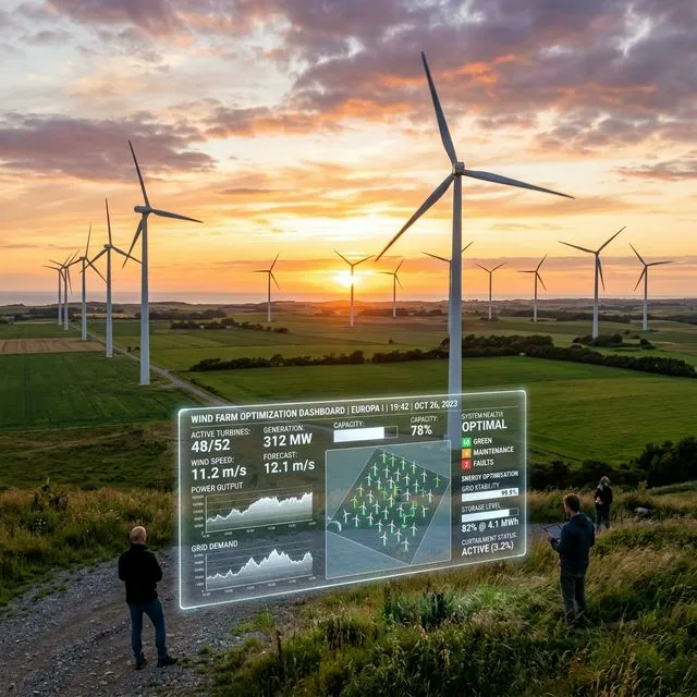 Wind farm at sunset with digital monitoring dashboard showing real-time optimization data