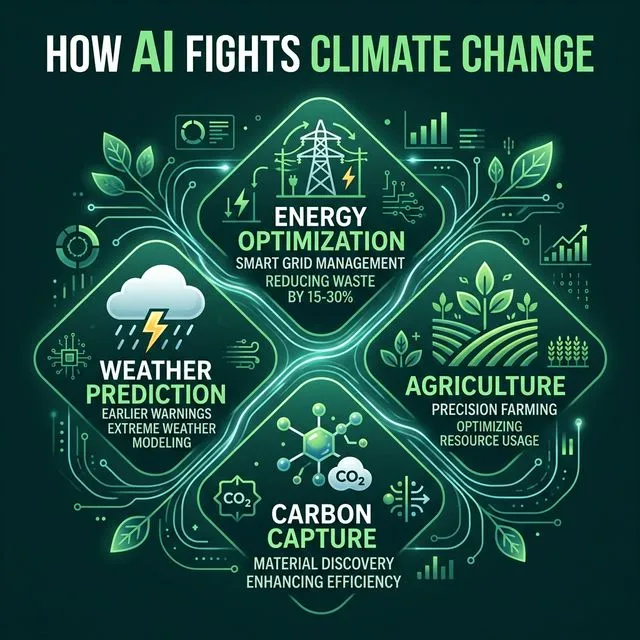 Infographic showing four ways AI fights climate change: Energy Optimization, Weather Prediction, Carbon Capture, and Agriculture