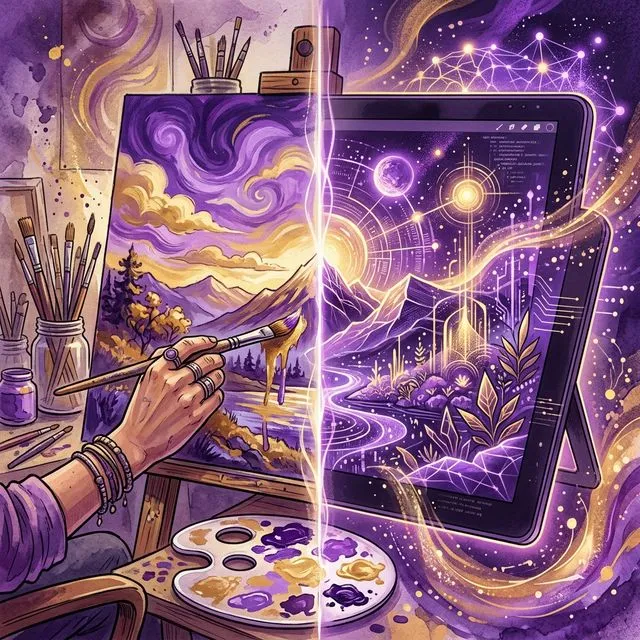 Artistic illustration showing human hand painting alongside AI generating digital art — complementary creative processes