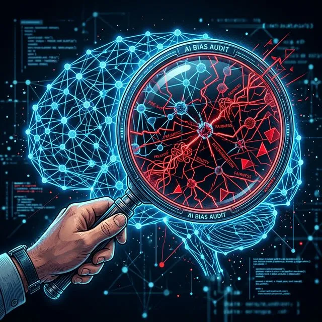 Editorial illustration of a magnifying glass revealing hidden bias patterns in a neural network