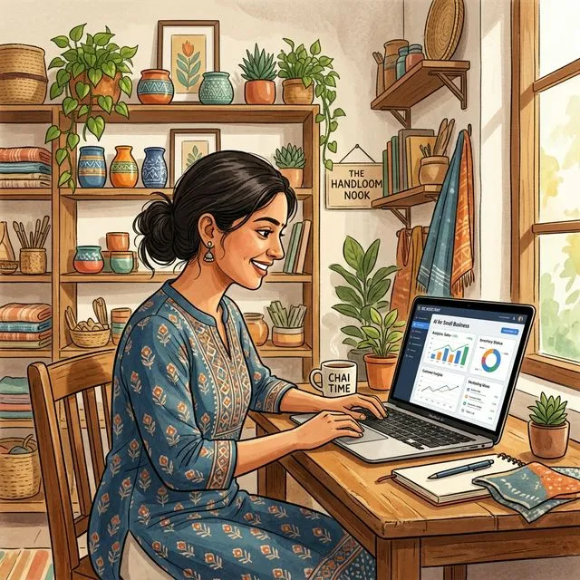 Small business owner using AI-powered analytics and inventory tools on her laptop