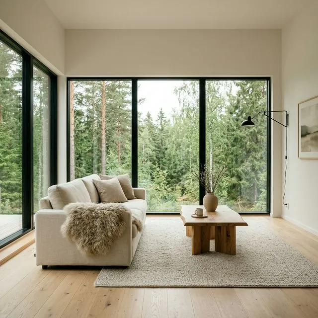 A warm Scandinavian minimalist living room with oak floors, linen sofa, and forest views through large windows