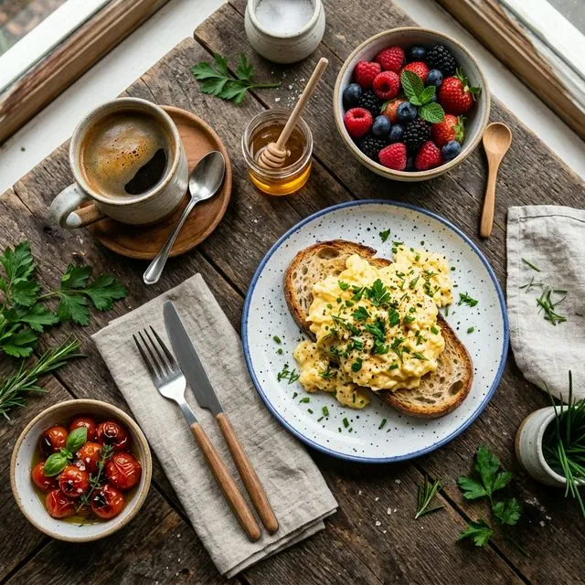 A beautiful artisan breakfast spread with scrambled eggs on sourdough, berries, and pour-over coffee