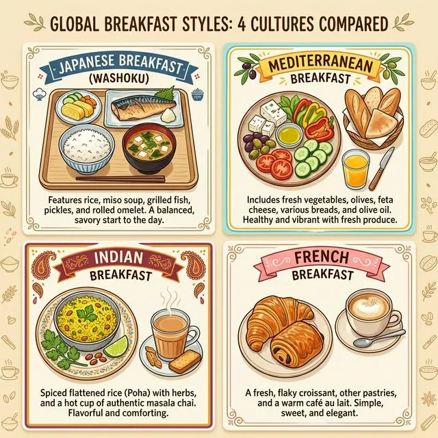 Comparison of breakfast traditions from Japan, Mediterranean, India, and France