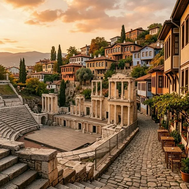 The ancient Roman amphitheater in Plovdiv's old town at golden hour