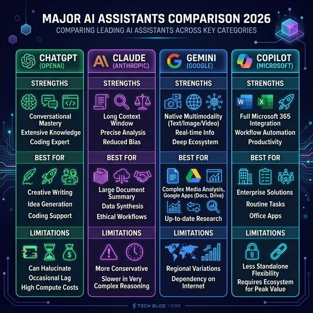Comparison chart of major AI assistants: ChatGPT, Claude, Gemini, and Copilot across key categories