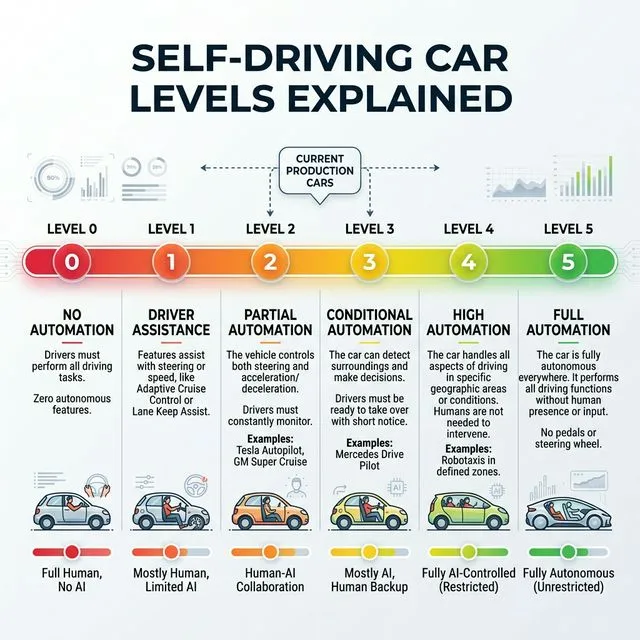 Infographic explaining the six levels of autonomous driving from Level 0 to Level 5