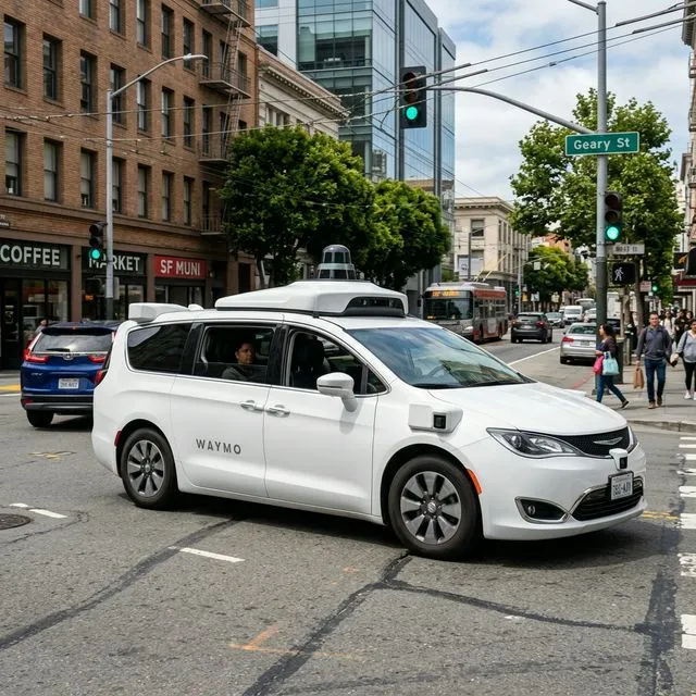 A Waymo autonomous vehicle navigating city streets with its sensor array visible on top